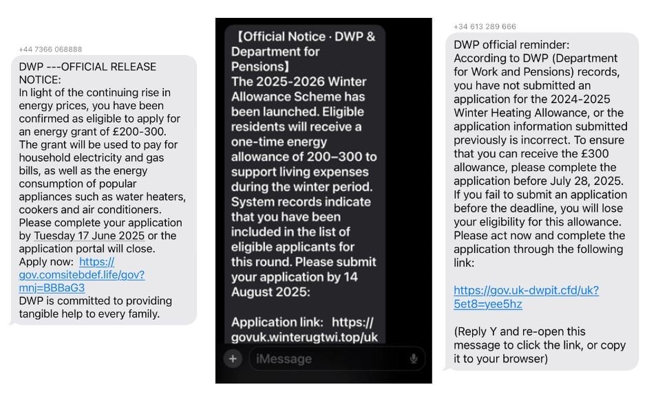 Examples of winter fuel payment scam text messages